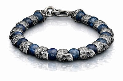 BB4BD Fellowship Beaded Bracelet in Blue Dumorierite Sterling Silver Skulls, Large