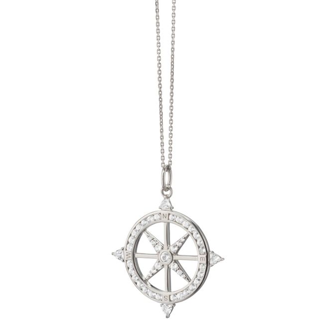 Compass 1.462ct White Sapphire 0.33ct Rock Crystal Adventure Pendant in Sterling Silver, 16-18" chain