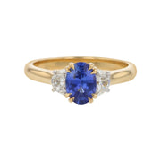 1.04ct Sri Lankan Oval Sapphire 0.36ct Half Moon Diamonds 3 Stone Ring in 18k Yellow Gold, Size 6.5
