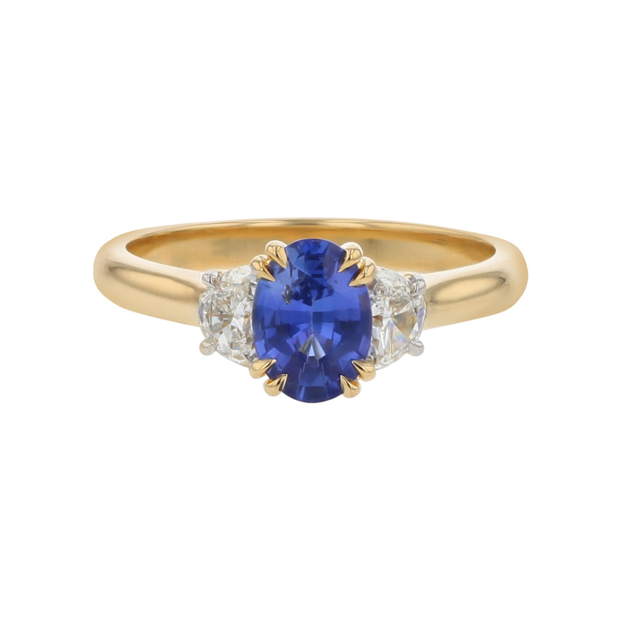 1.04ct Sri Lankan Oval Sapphire 0.36ct Half Moon Diamonds 3 Stone Ring in 18k Yellow Gold, Size 6.5