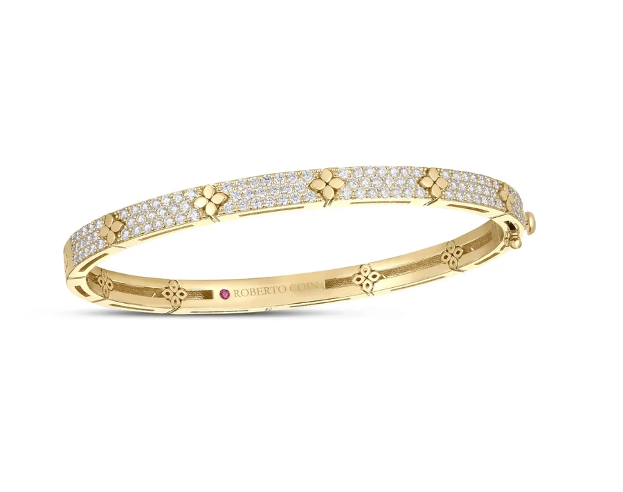 Love in Verona 1.45ct Diamond and Polished Flower Bangle Bracelet in 18K Yellow Gold