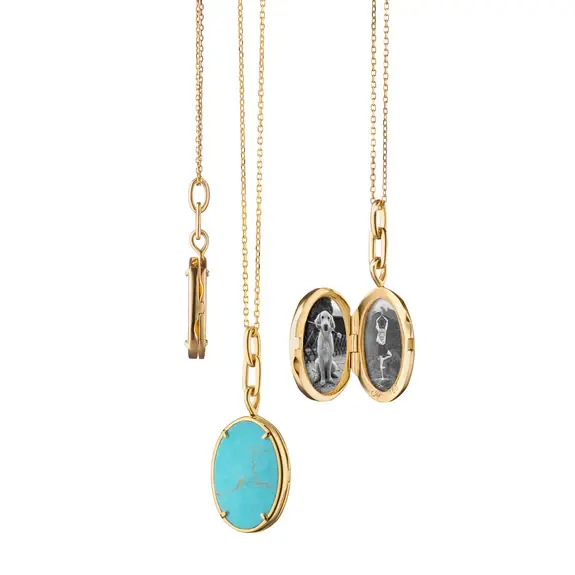Slim 2.20ct Turquoise Elle Oval Locket in 18K Yellow Gold, 16" chain