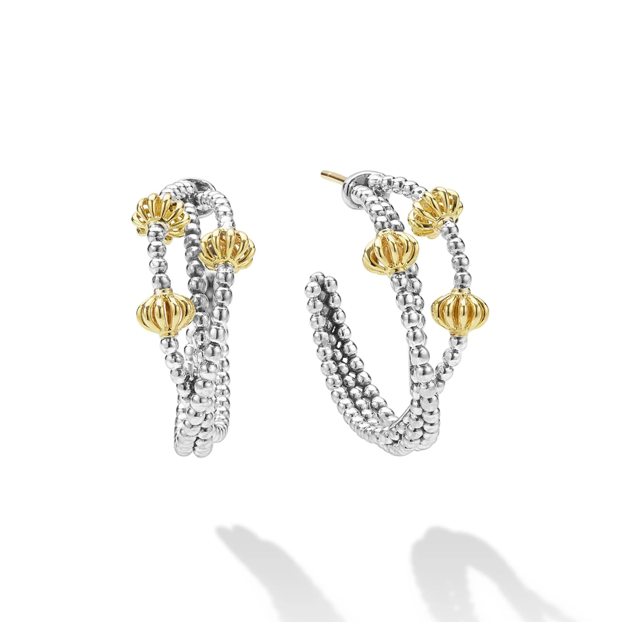 Caviar Icon 30x12mm Beaded Triple Hoop Earrings in Sterling Silver and 18K Yellow Gold