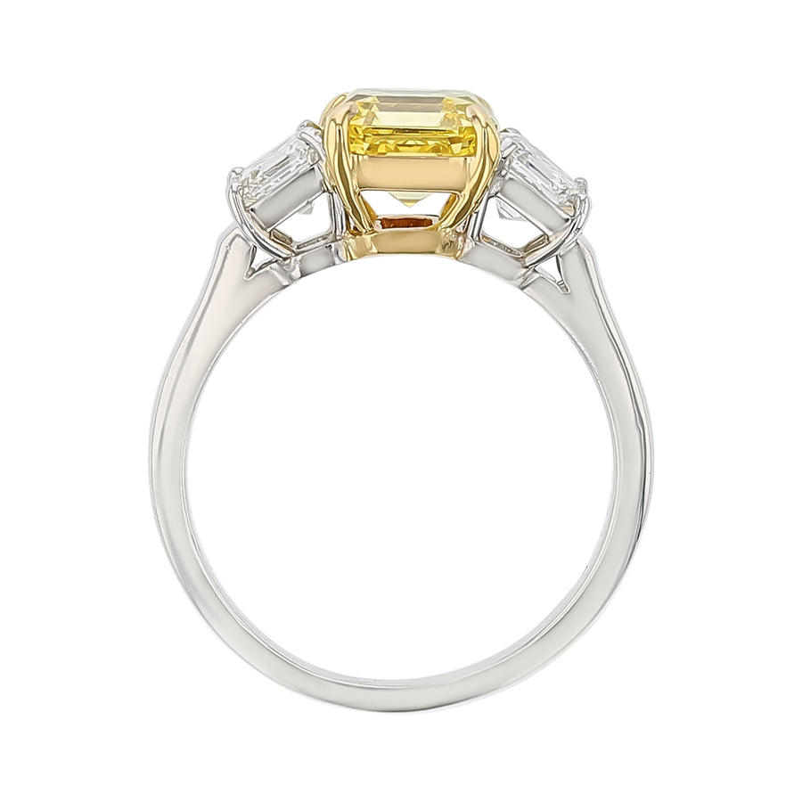 2.06ct Asher Yellow Diamond and 0.91ct Diamond 3 Stone Ring in Platinum and 18K Yellow Gold, size 6.5