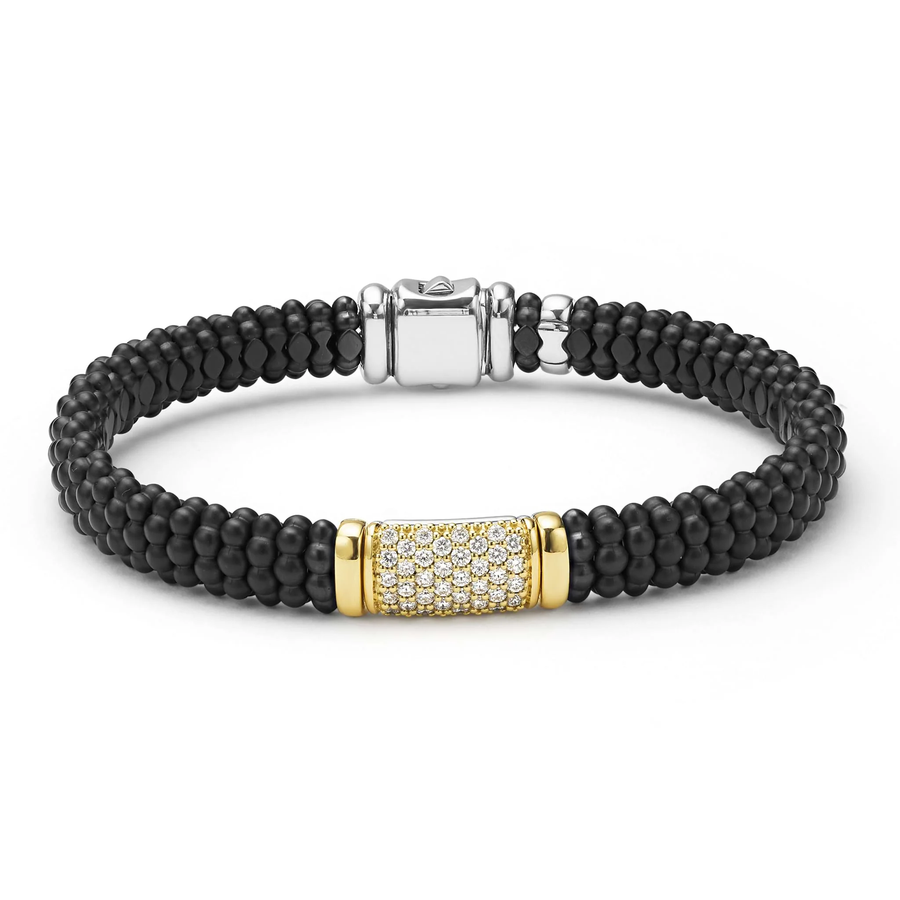 Black Caviar Anthem Diamond 9mm Station Rope Bracelet in Sterling Silver, 18K Yellow Gold, and Matte Ceramic, size 7.5
