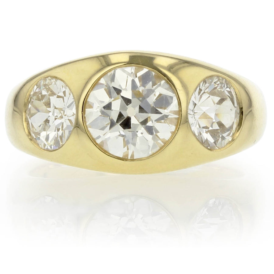 18K Yellow Gold Old European Cut 1.79ct Diamond and 2 Old European Cut 1.63ct Diamonds Ring