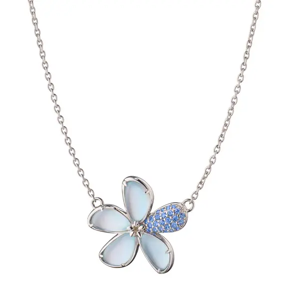 4.35ct Blue Topaz and Mother of Pearl Doublet and 0.22ct Sapphire Flower Necklace in Sterling Silver, 18" chain