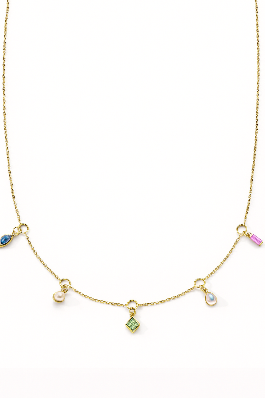 Points of Light Blue Sapphire, Pearl, Tourmaline and Moonstone Station Necklace in 18K Yellow Gold, 16"