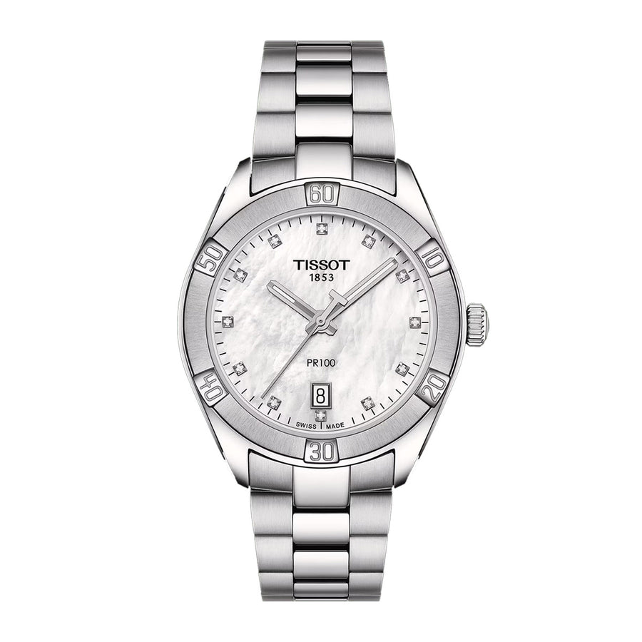 36mm PR 100 Sport Chic Watch with Mother of Pearl Diamond Dial in Stainless Steel, Bracelet