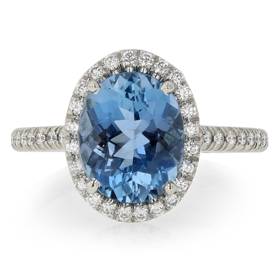 2.41ct Aquamarine and 0.33ct Diamond Halo Ring in Platinum, Size 6.5