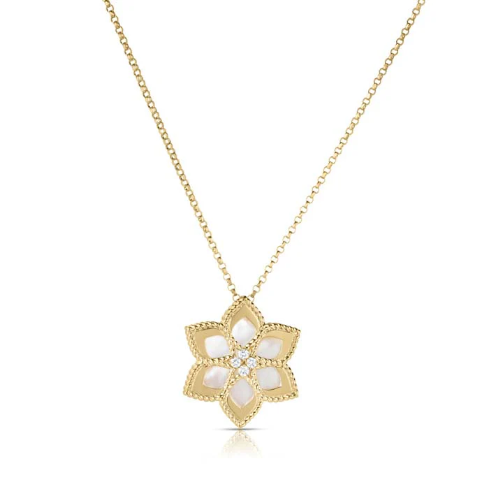 Vernazza 0.04ct Diamond and Mother of Pearl Daisy Pendant in 18K Yellow Gold, 18in