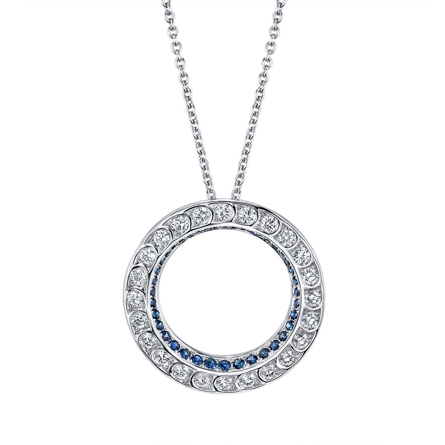 Artisan Pave 1.11ct Round Diamond and 0.48ct Round Sapphire Large Round Scallop Pendant in 18K White Gold
