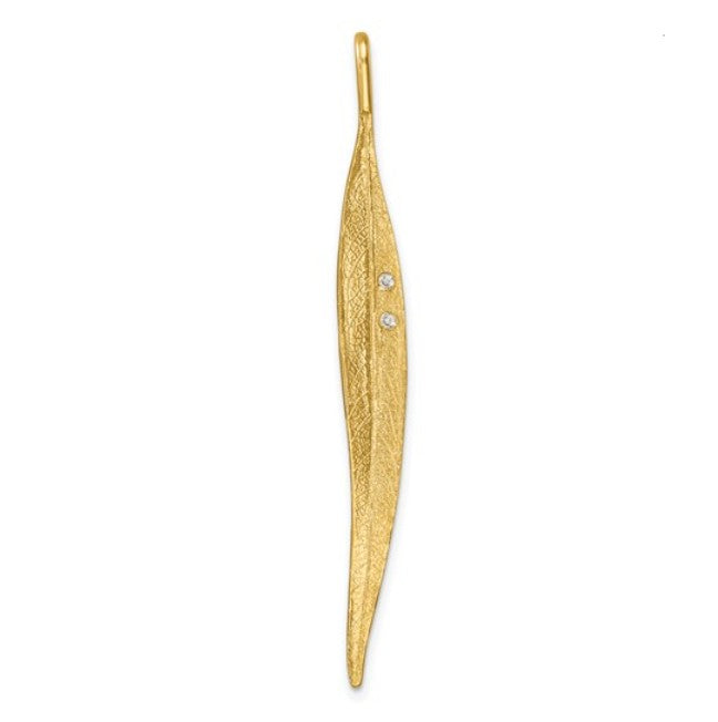 Polished and Textured Diamond Long Leaf Pendant in 14K Yellow Gold, without chain