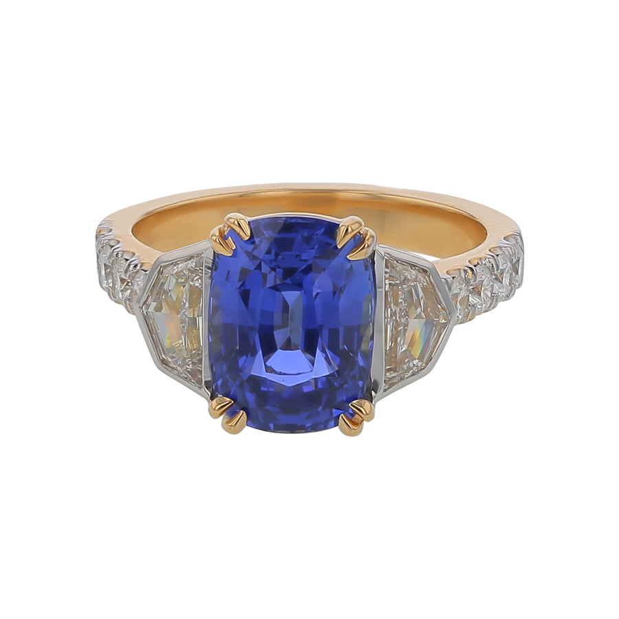 4.38ct Cushion Ceylon Sapphire 0.65ct Shield Diamonds and 0.37ct Full Cut Diamonds Ring in 18k Yellow Gold Size 6