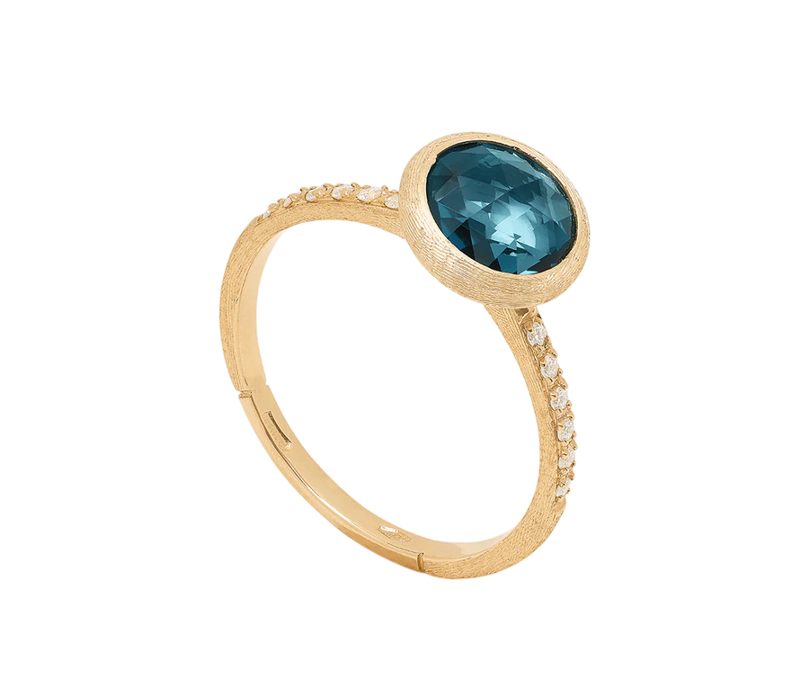 Jaipur Color 0.08ct Diamond and Blue Topaz Hand Engraved Stackable Ring 18K Yellow Gold