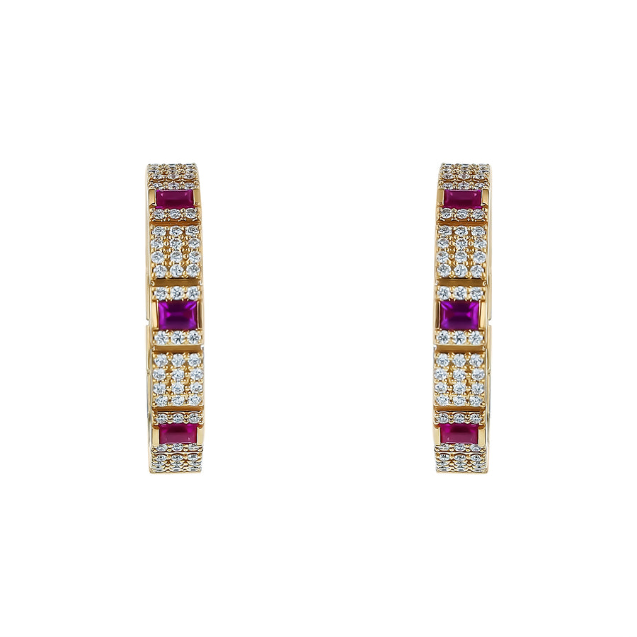 Obelisco 0.55ct Diamond and 0.55ct Ruby 20mm Hoop Earrings in 18K Yellow Gold