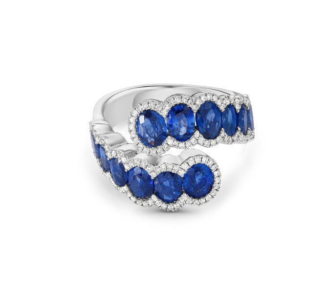 3.95ct Oval Blue Sapphire and 0.33ct Diamond Bypass Ring in 18K White Gold, size 6.5