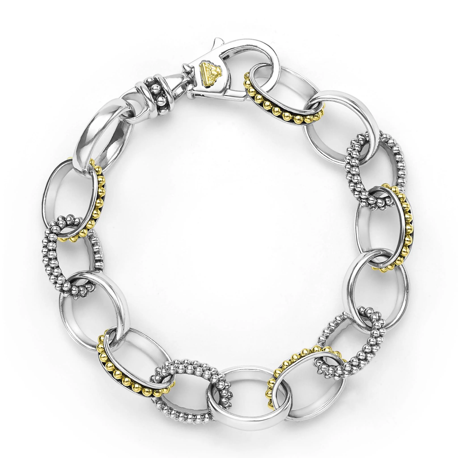 Signature Caviar 13mm Two-Tone Link Bracelet in Sterling Silver and 18K Yellow Gold, size 8
