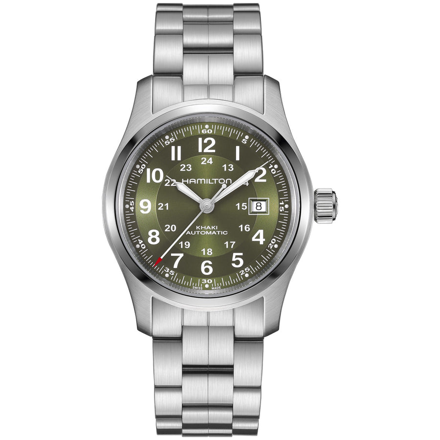 42mm Khaki Field Auto Watch with Green Dial in Stainless Steel, Bracelet