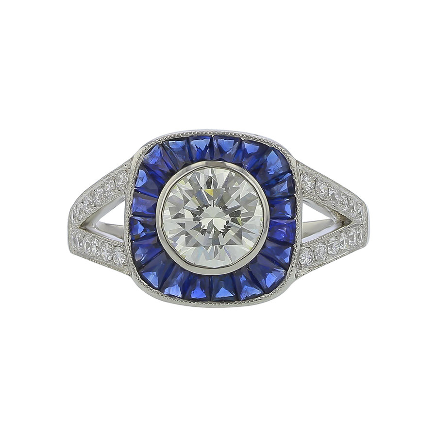 Round Diamond, Sapphire and Diamond Ring in Platinum, Size 6.25