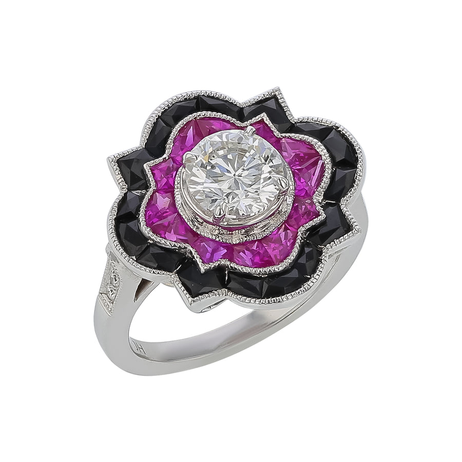 1.23ct Round Diamond, 2.00ct Ruby and Black Onyx Art Deco Ring in 18K White Gold, Size 6.25