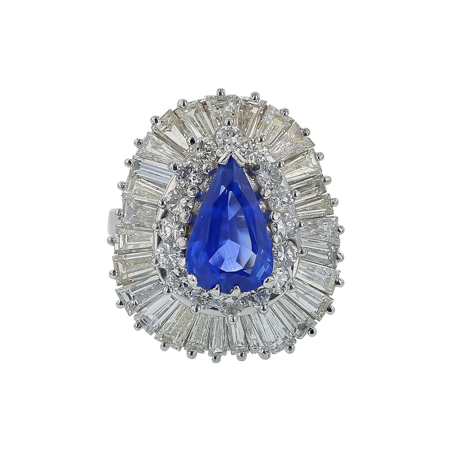 2.46ct Pear Sapphire and Round Brilliant and Tapered Baguette Diamond Halo Ring in Platnium, Size 4.5