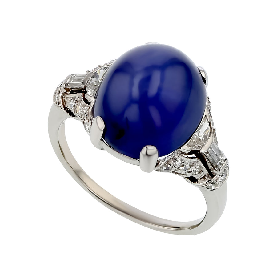 14.56ct Cabochon Grey Blue Star Sapphire, 0.352ct Half Moon, Baguette Diamond Ring in Platinum, size 7.25