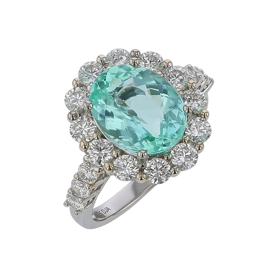 3.49ct Oval Paraiba and 1.74ct Diamond Halo Ring in 18K White Gold, Size 6.5