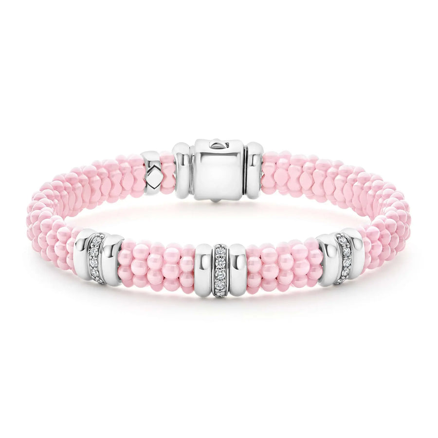 Pink Caviar Diamond 3-Station Rope Bracelet in Sterling Silver, 18K Yellow Gold and Ceramic, 7.5in