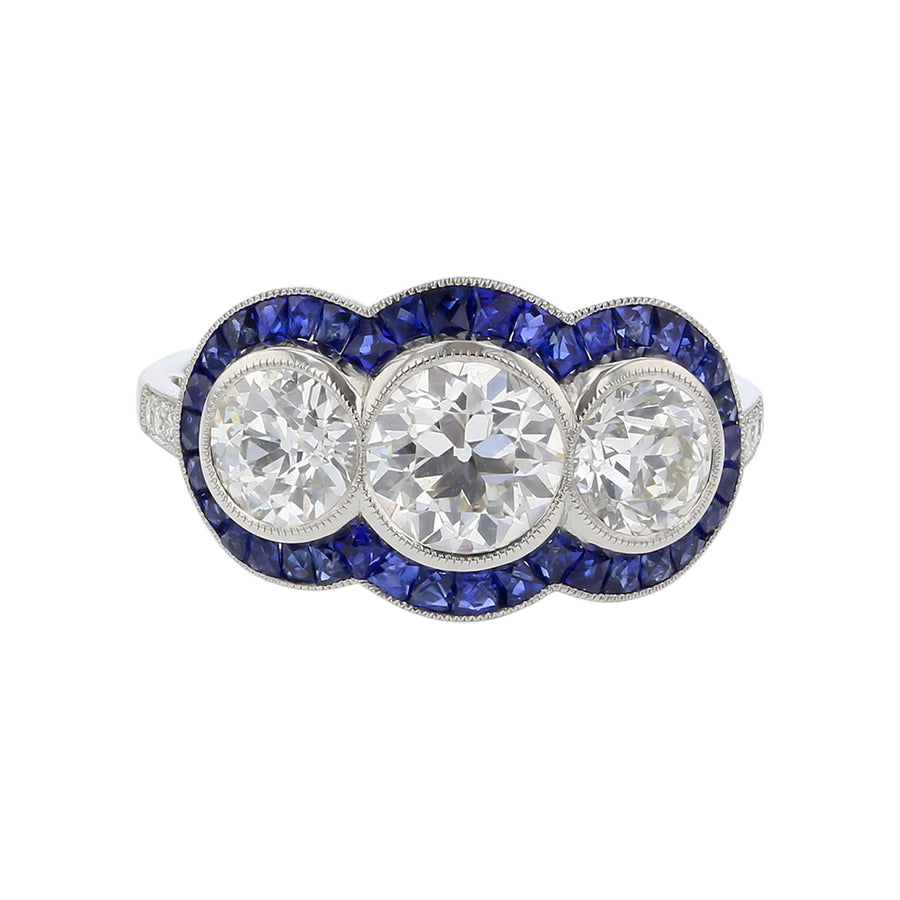 2.08ct Old European Cut Diamond I-J/VS2 and 0.80ct French Cut Sapphire Ring in Platinum