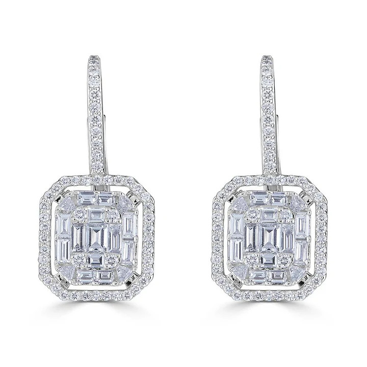 1.86ct Emerald Cut and Round Diamond Illusion Drop Earrings in 18K White Gold