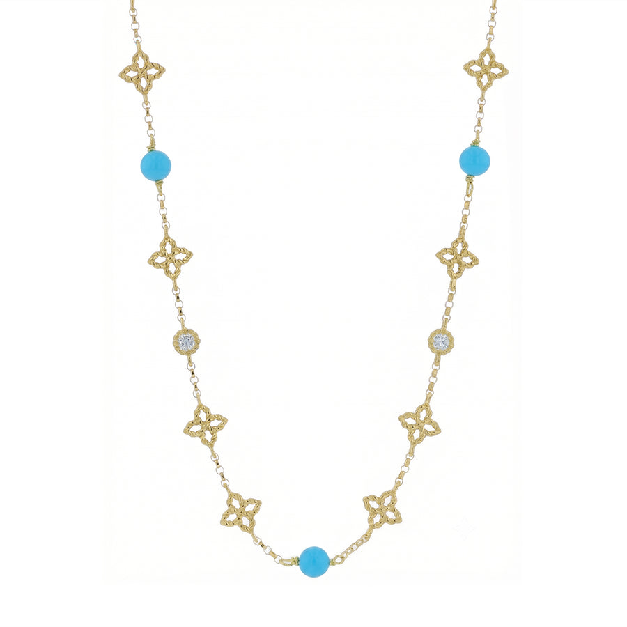 Princess Flower 2.70ct Turquoise and 0.05ct Diamond Alternating Station Necklace in 18K Yellow Gold, 16-18" chain