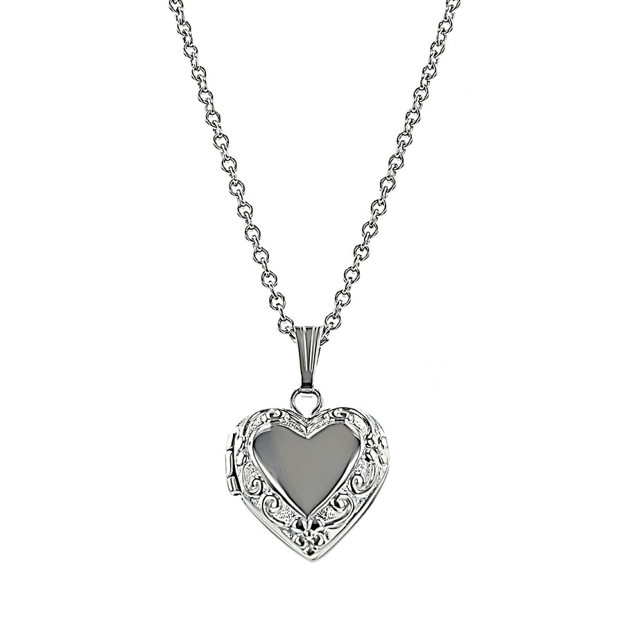 STERLING SILVER 12MM EMBOSSED BORDER HEART LOCKET WITH 15" CABLE CHAIN