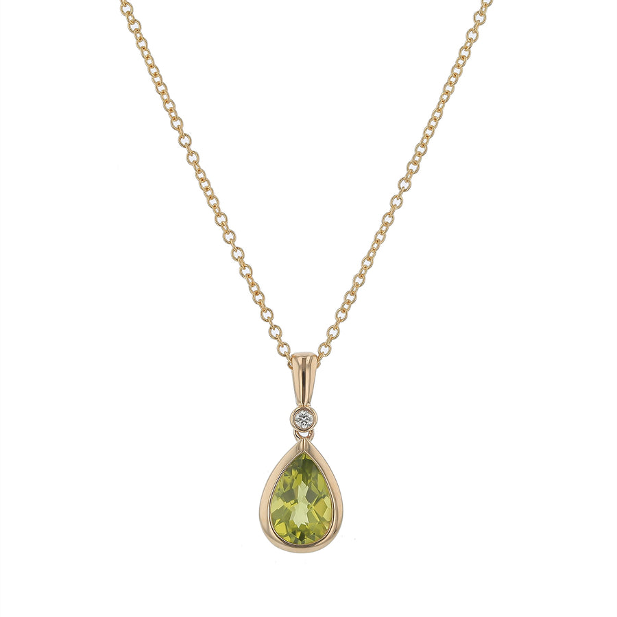 Pear Peridot and Diamond Pendant in 14K Yellow Gold, 18in
