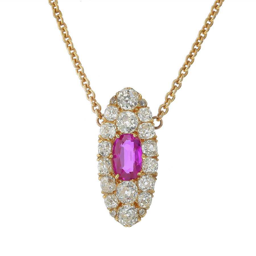 3.50ct Old European Cut Diamond, 0.08ct Rose Cut Diamond and 2.11ct Pink Sapphire Necklace in 10/18K Yellow Gold, 16"