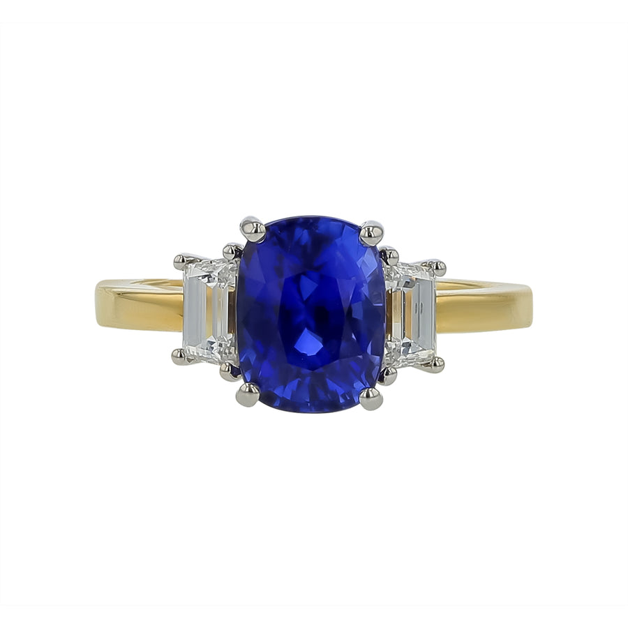 3.48ct Oval Sapphire and 0.62ct Trapezoid Diamond 3 Stone Ring in 18K Yellow Gold and Platinum, size 6.5