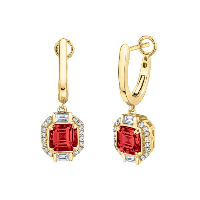 1.65ct Garnet and 0.25ct Diamond 5mm Halo Drop Earrings in 14K Yellow Gold