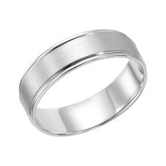 6mm Flat Round Edge Carved Brush Finish Band in 18k White Gold, size 10
