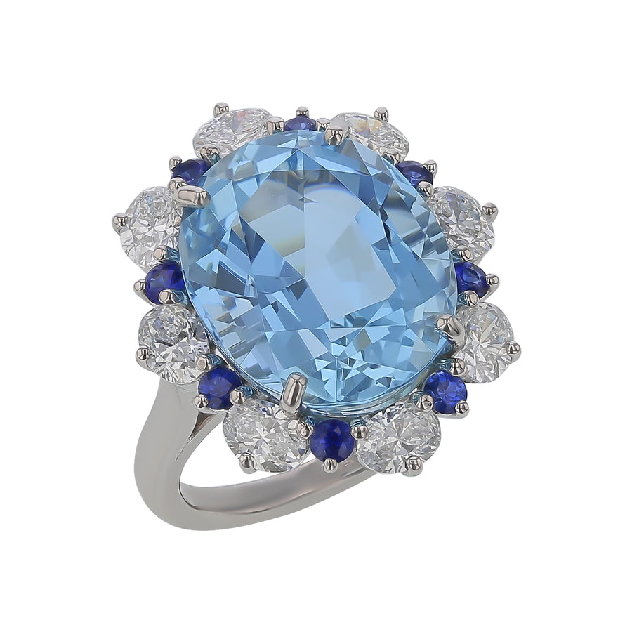 Aquamarine, Diamond and Sapphire Halo Ring in Platinum, Size 6