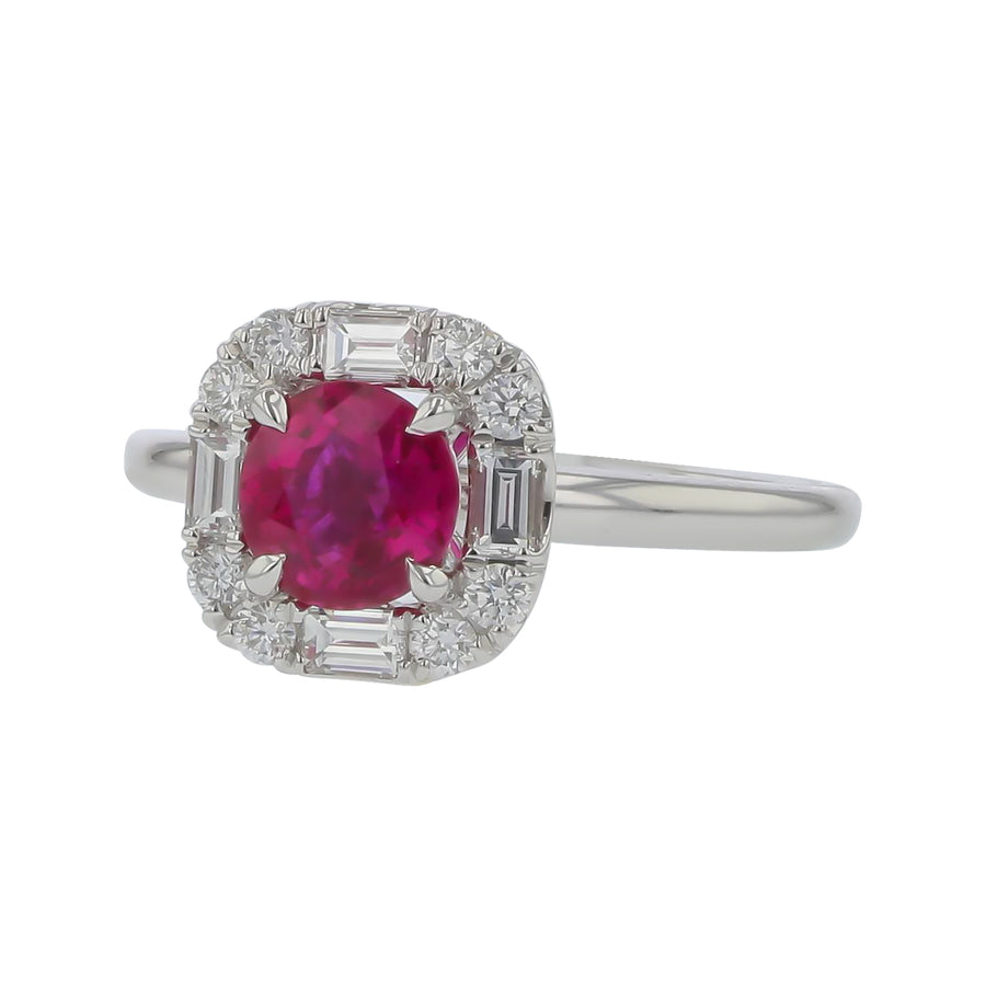 Ruby and Round Diamond Halo Ring in 18K White Gold, Size 6.25