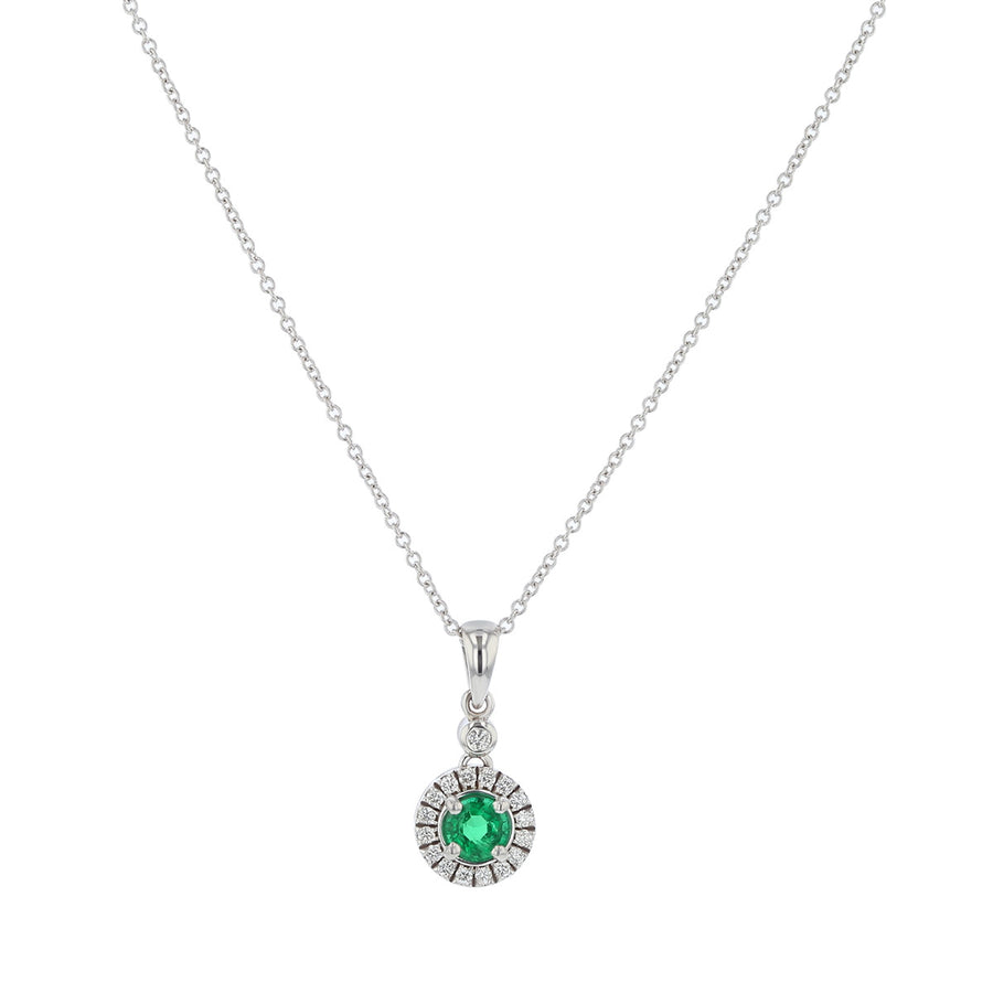 0.49ct 5mm Round Zambian Emerald and 0.17ct Full Cut Diamonds Halo Pendant Necklace in 14k White Gold, 18" chain