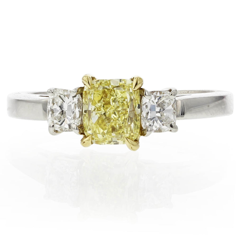 1.11ct Cushion Cut Diamond and 0.47ct Cushion Cut Diamonds 3 Stone Ring in Platinum and 18K Yellow Gold