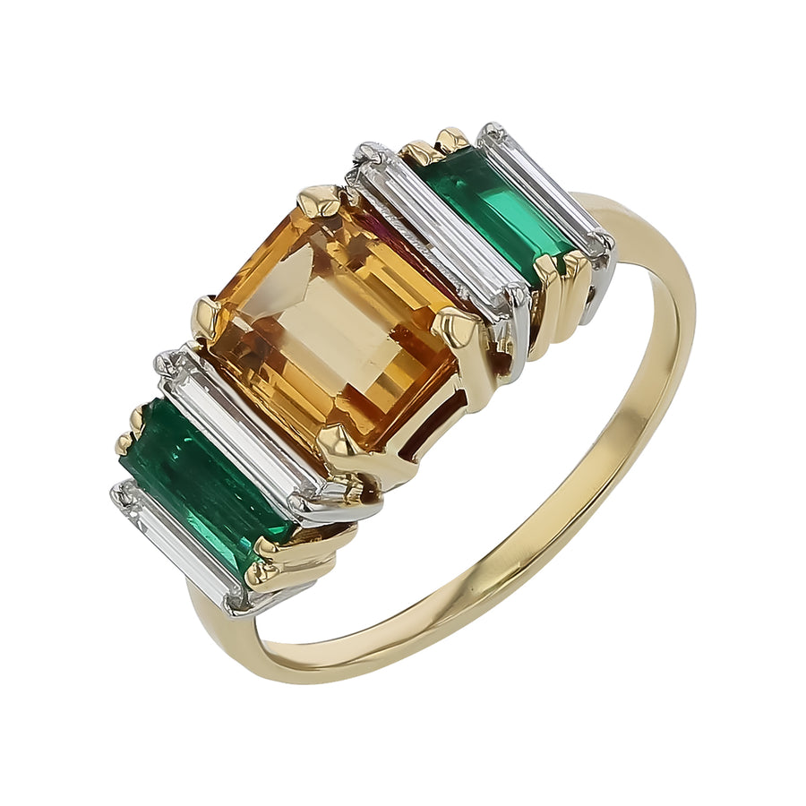 1.53ct Imperial Topaz, 0.14ct Baguette Diamond and .08ct Baguette Emerald 7 Stone Ring in 14K Yellow Gold, size 6.75