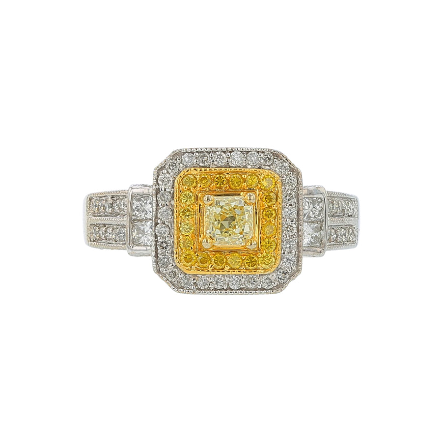 0.17ct Emerald Cut Yellow Diamond and White Diamond Halo Ring in 14K Yellow Gold, size 7