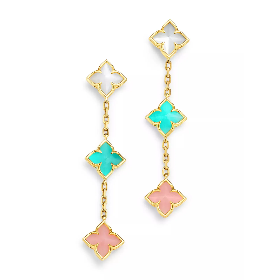 Venetian Princess Carnival 1.00ct Mother of Pearl, Amazonite and Pink Opal Mixed Stone Drop Earrings in 18K Yellow Gold