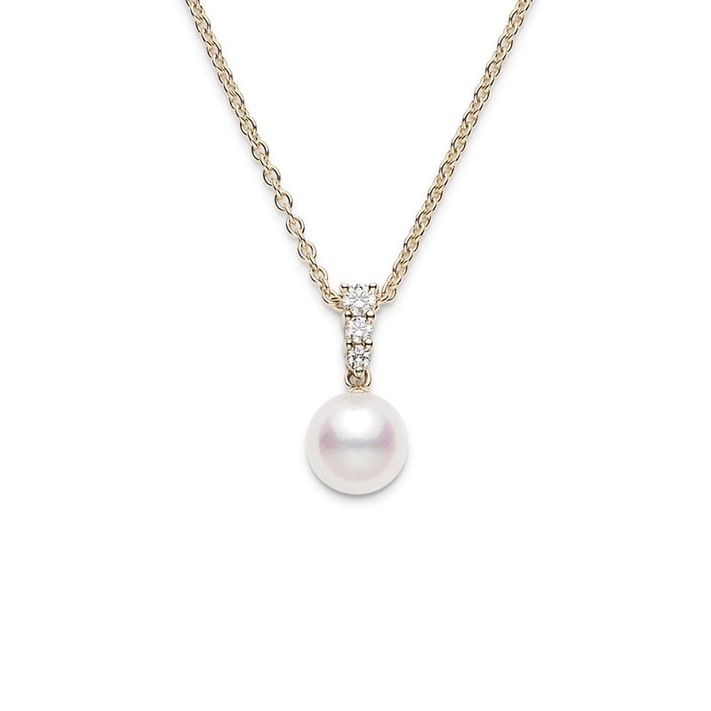 Morning Dew 8mm A+ Akoya Pearl and 0.16ct Diamond Pendant in 18K Yellow Gold, 16-18" chain
