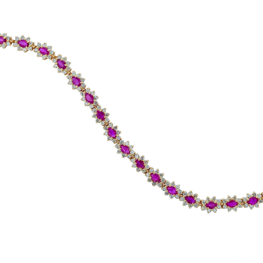 5.00ct Ruby and 1.60ct Diamond Halo Line Bracelet in 14K Yellow Gold, 7.5"