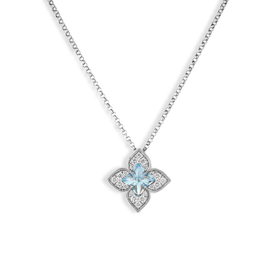 Venetian Princess 0.75ct Blue Topaz and 0.17ct Diamond Flower Pendant in 18K White Gold, 17" chain