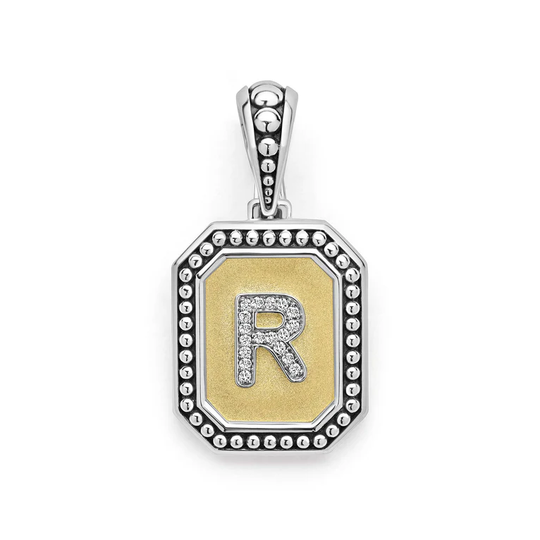Signature Caviar 0.05ct Diamond Octagon Initial "R" Pendant in 18K Yellow Gold and Sterling Silver, without chain