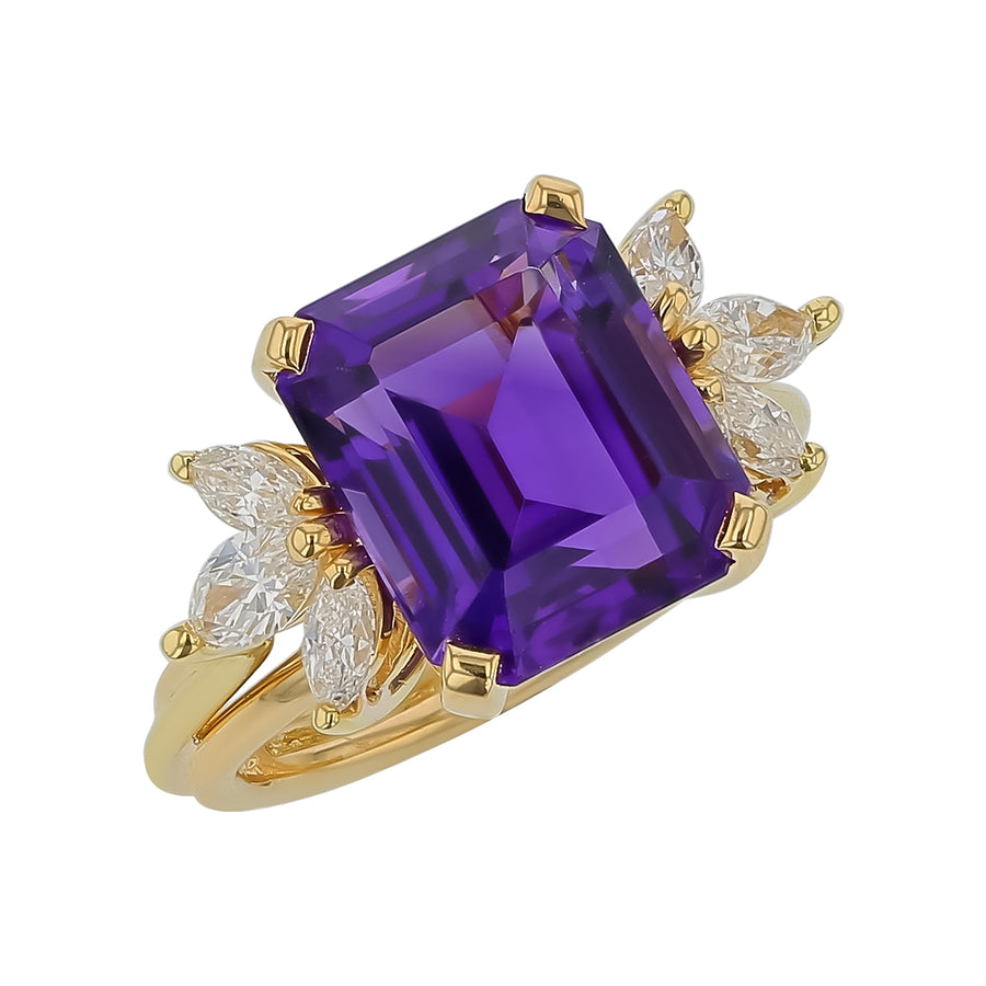 6.22ct Emerald Cut Amethyst and 0.74ct Diamond Ring in 18K Yellow Gold, Size 6